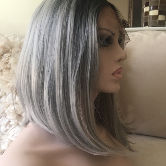 Ombre Black & Silver Bob Lace Front Wig - Picture 8 of 16